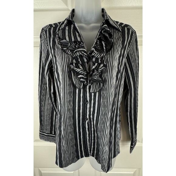 Spense Ruffled Collared Striped Shirt Black Gray cottagecore coquettish M 50-26 - Picture 4 of 15